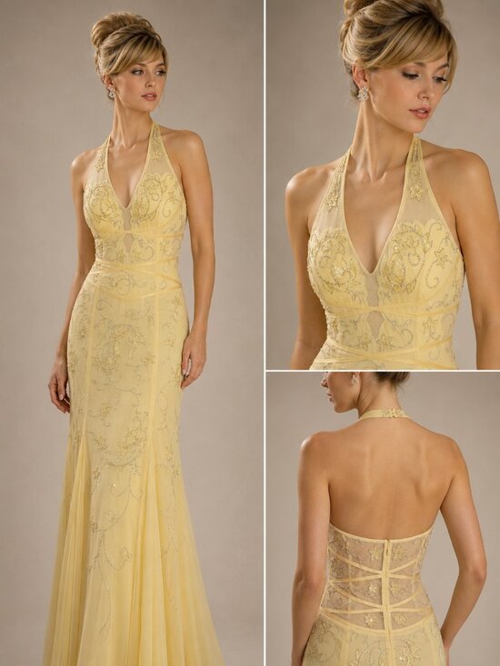 Cache Dresses & Skirts - Cache Butter Yellow Beaded Mermaid Halter Dress, size M (6)
